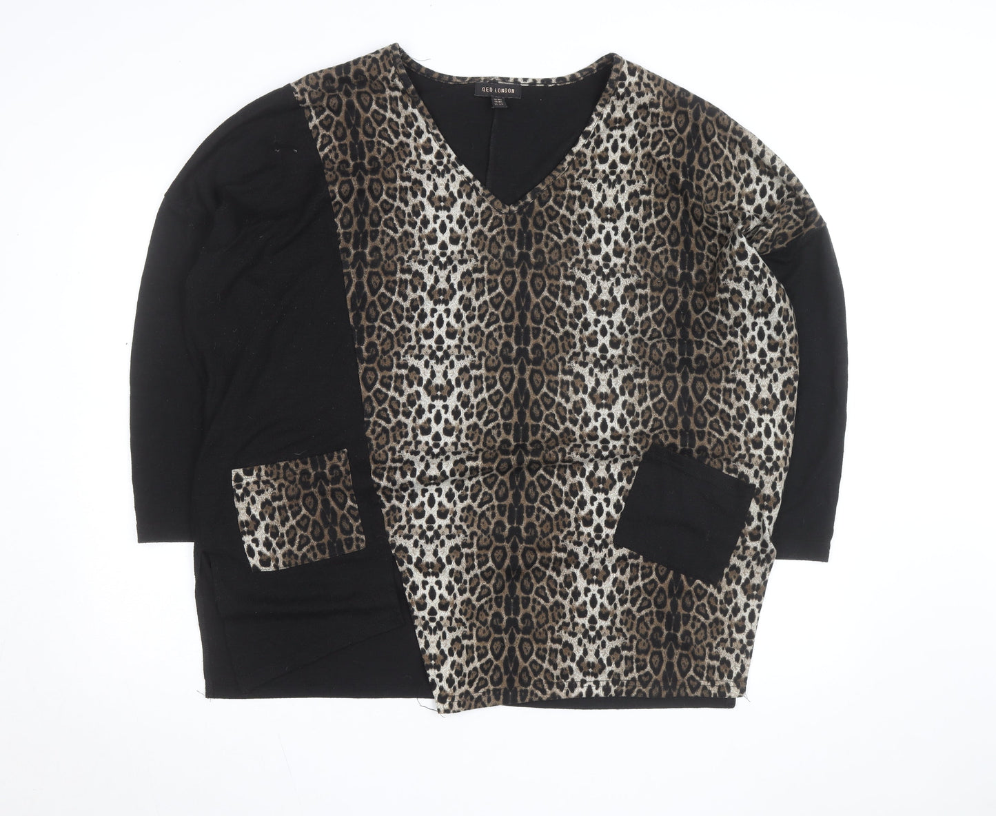 QED London Women's Brown Leopard Print V-Neck Pullover Jumper M/L