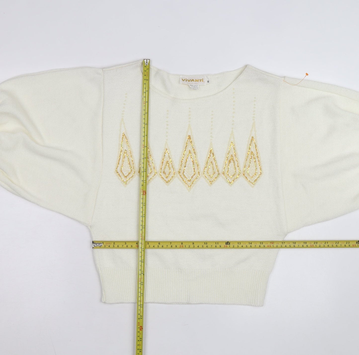 Vivanti Women Ivory Beaded Pullover Jumper Size 8 Relaxed 3/4 Sleeve
