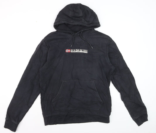 Napapijri Men Black Pullover Hoodie M Logo Graphic Cotton Fleece