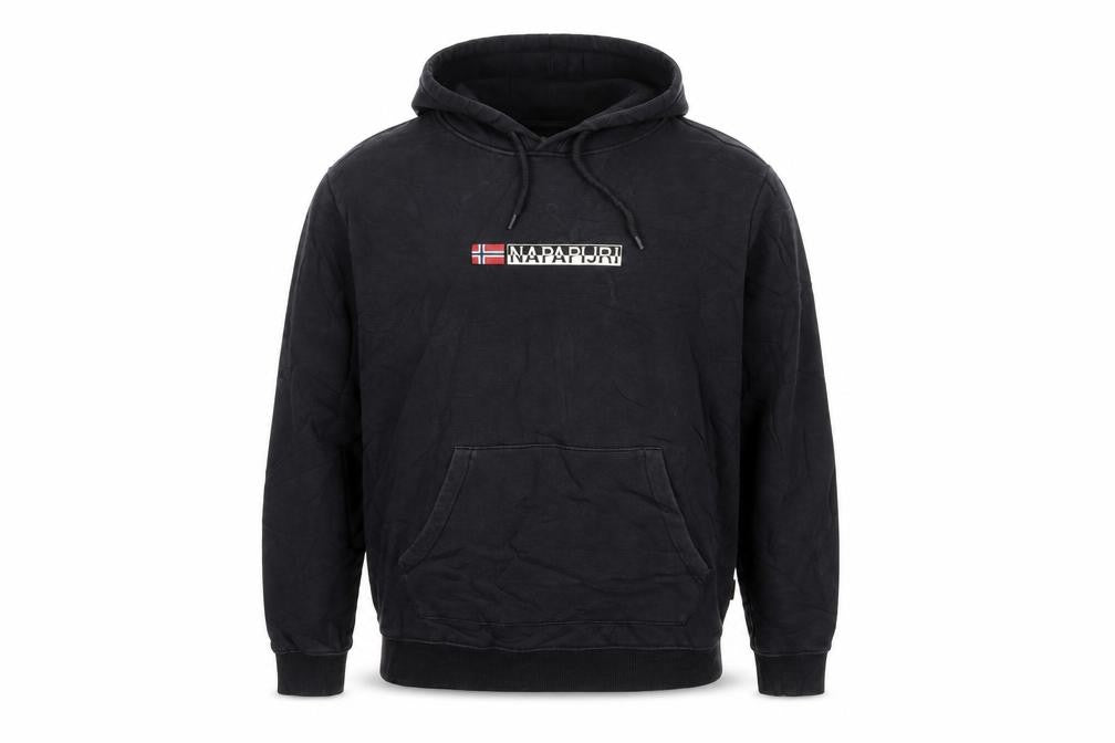 Napapijri Men Black Pullover Hoodie M Logo Graphic Cotton Fleece