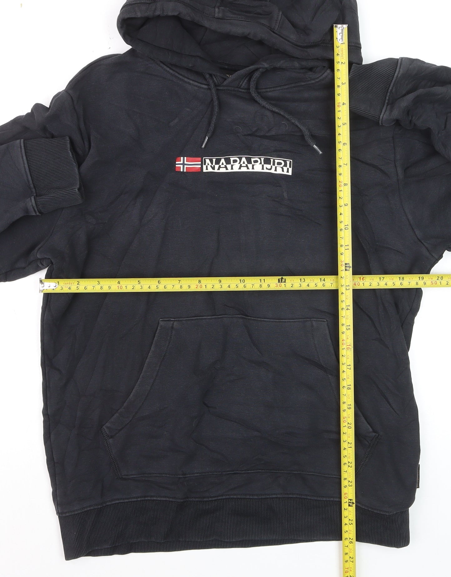 Napapijri Men Black Pullover Hoodie M Logo Graphic Cotton Fleece