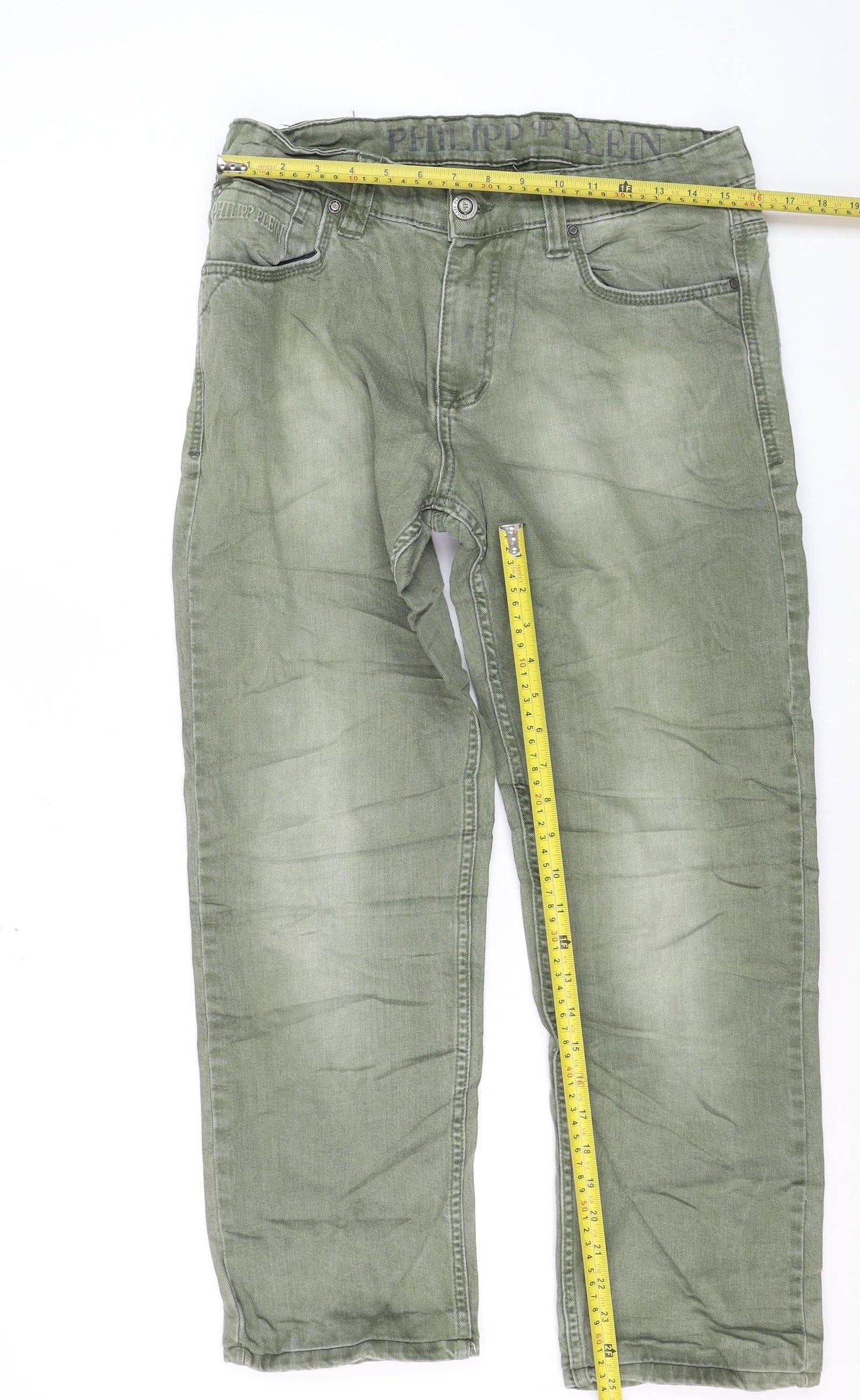 Philipp Plein Men's Green Straight Jeans W34 L34 Cotton Denim