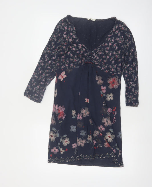 White Stuff Women's Blue Floral Cotton V-Neck Knee Length Dress Size 12