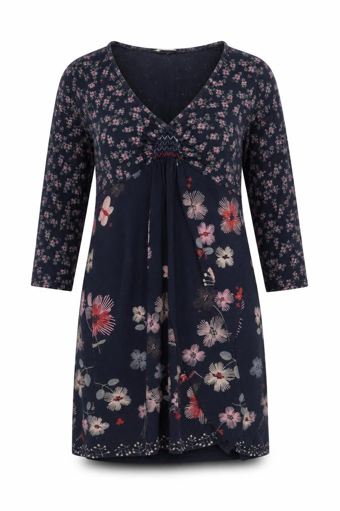 White Stuff Women's Blue Floral Cotton V-Neck Knee Length Dress Size 12
