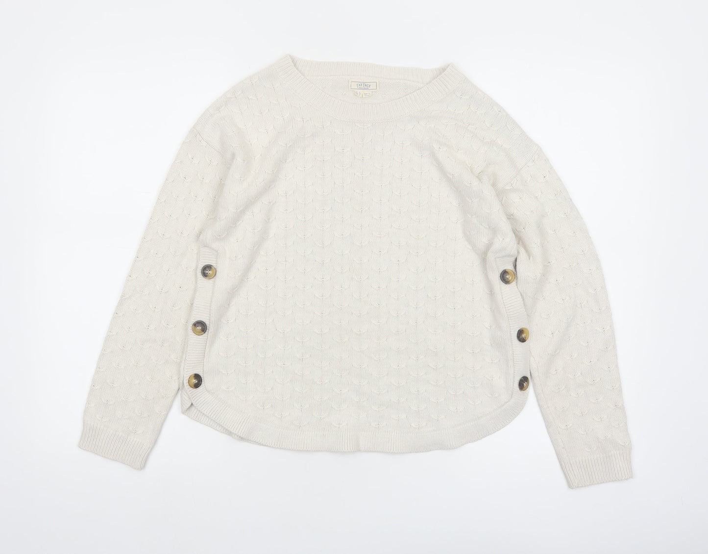 Fat Face Women Ivory Crew Neck Button Side Cable Knit Jumper Size 8