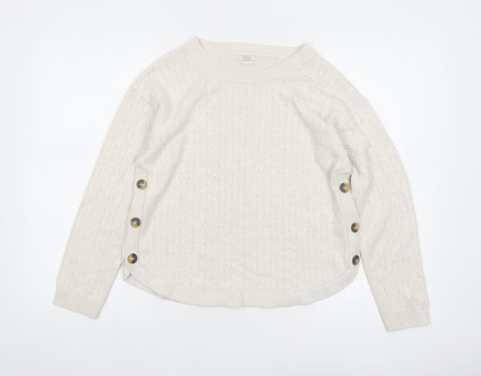 Fat Face Women Ivory Crew Neck Button Side Cable Knit Jumper Size 8