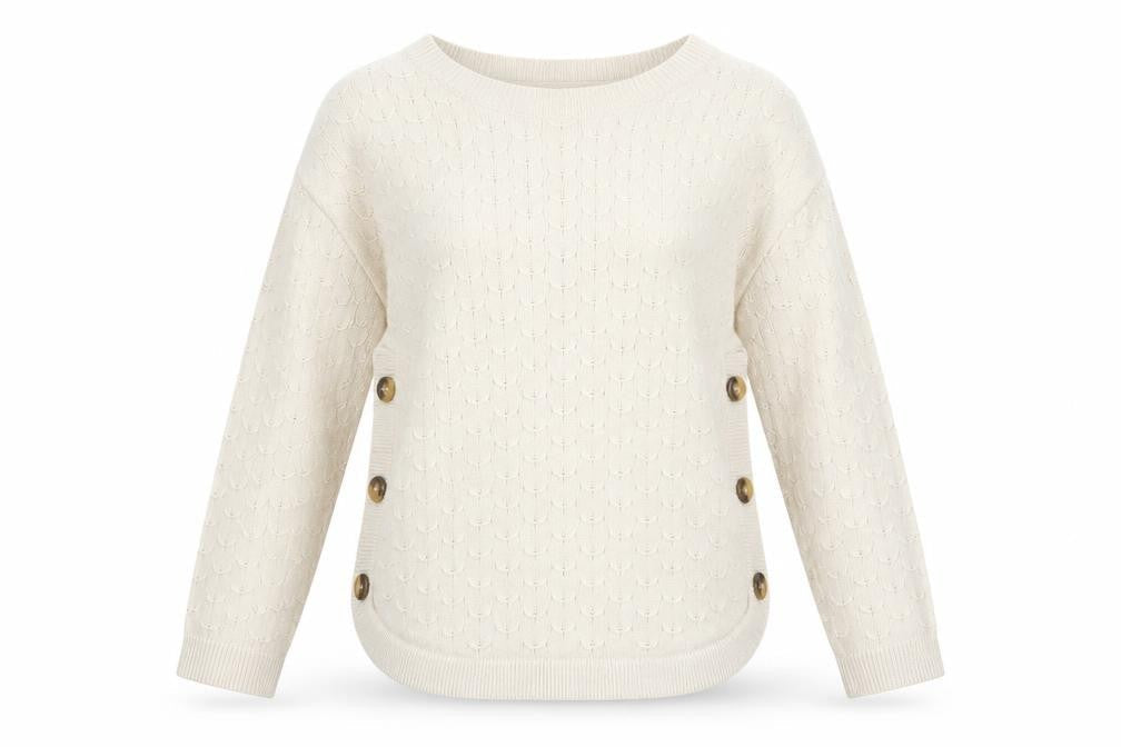 FatFace Women Ivory Crew Neck Button Side Cable Knit Jumper Size 8