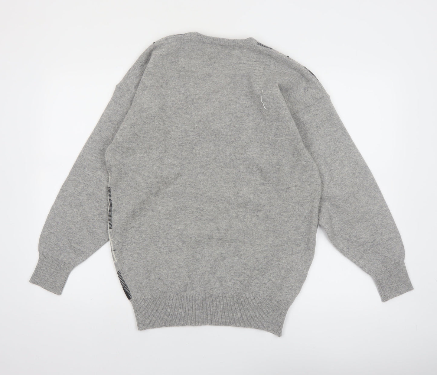 Alan Paine Men Grey Wool Check V-Neck Pullover Jumper M