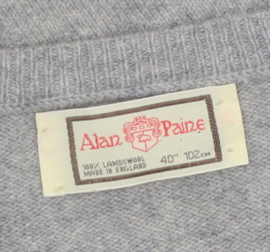 Alan Paine Men Grey Wool Check V-Neck Pullover Jumper M