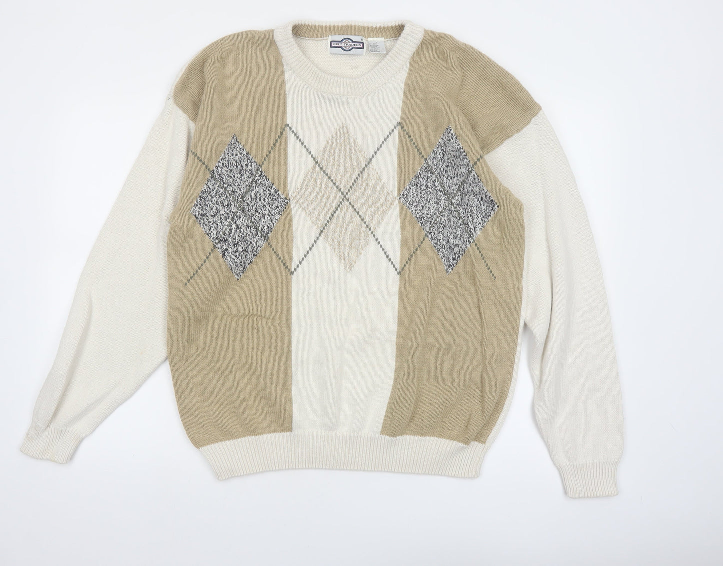 Gulf Traders Men's Beige Argyle Knit Jumper L Classic Pullover