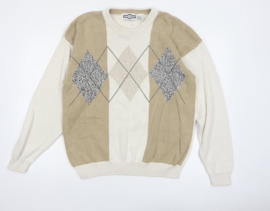 Gulf Traders Men's Beige Argyle Knit Jumper L Classic Pullover