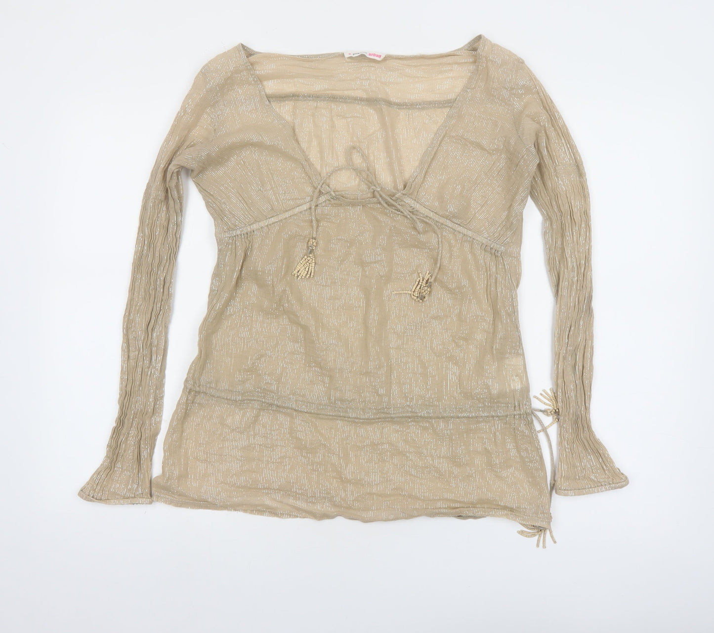 Pink Soda Women Beige Long Sleeve Tassel Tie Tunic Blouse Size 10