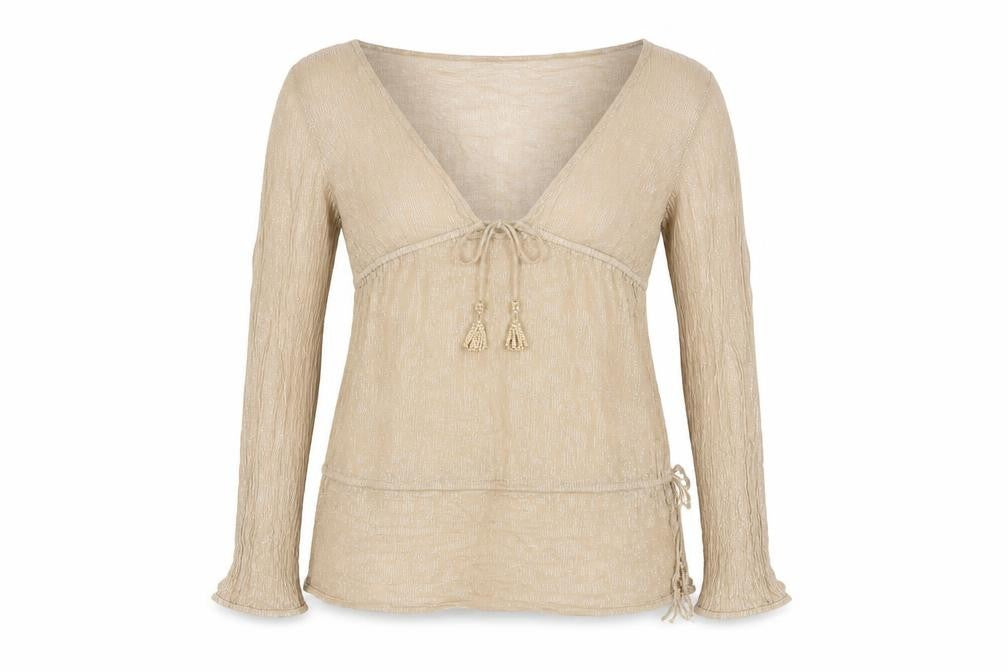 Pink Soda Women Beige Long Sleeve Tassel Tie Tunic Blouse Size 10
