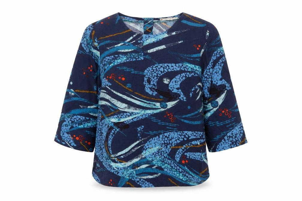 White Stuff Women’s Blue Art Print Tunic Blouse UK 8 3/4 Sleeve Rayon