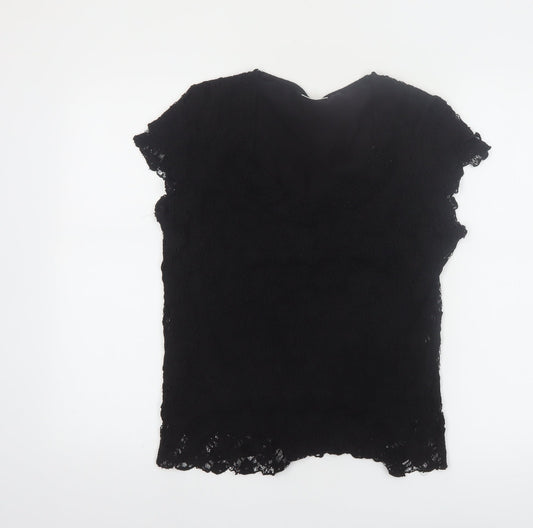 Roman Originals Women Black Lace V-Neck Short Sleeve Blouse M