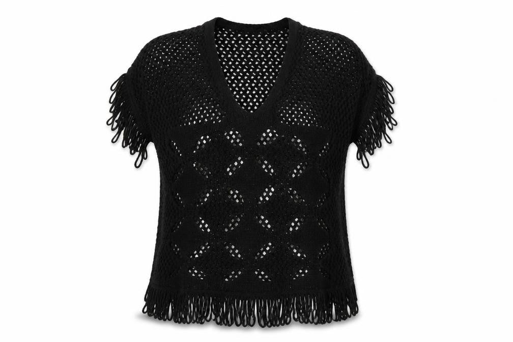 Zara Women Black Open-Knit Fringe Pullover Jumper Size 12