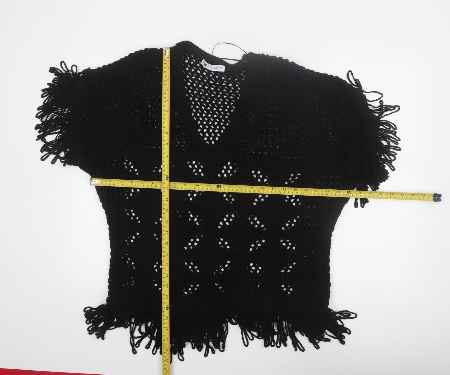 Zara Women Black Open-Knit Fringe Pullover Jumper Size 12