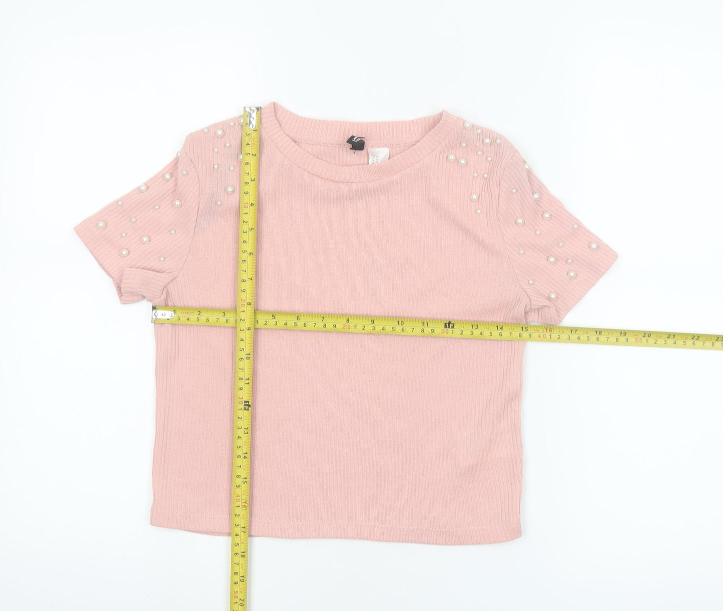 H&M Divided Women Pink Pearl Beaded Short Sleeve Knit T-Shirt XS
