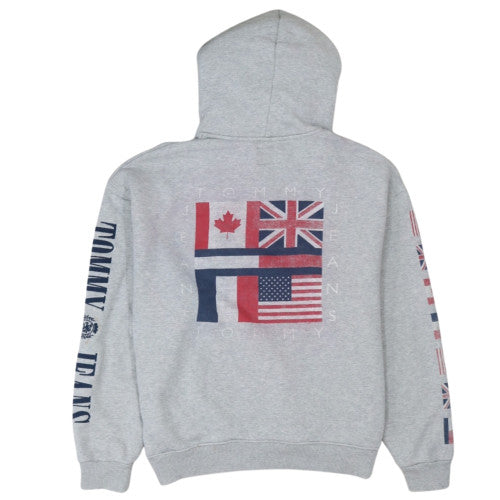 Tommy Jeans Women Grey Hooded Pullover Sweatshirt Size L Casual Logo Print
