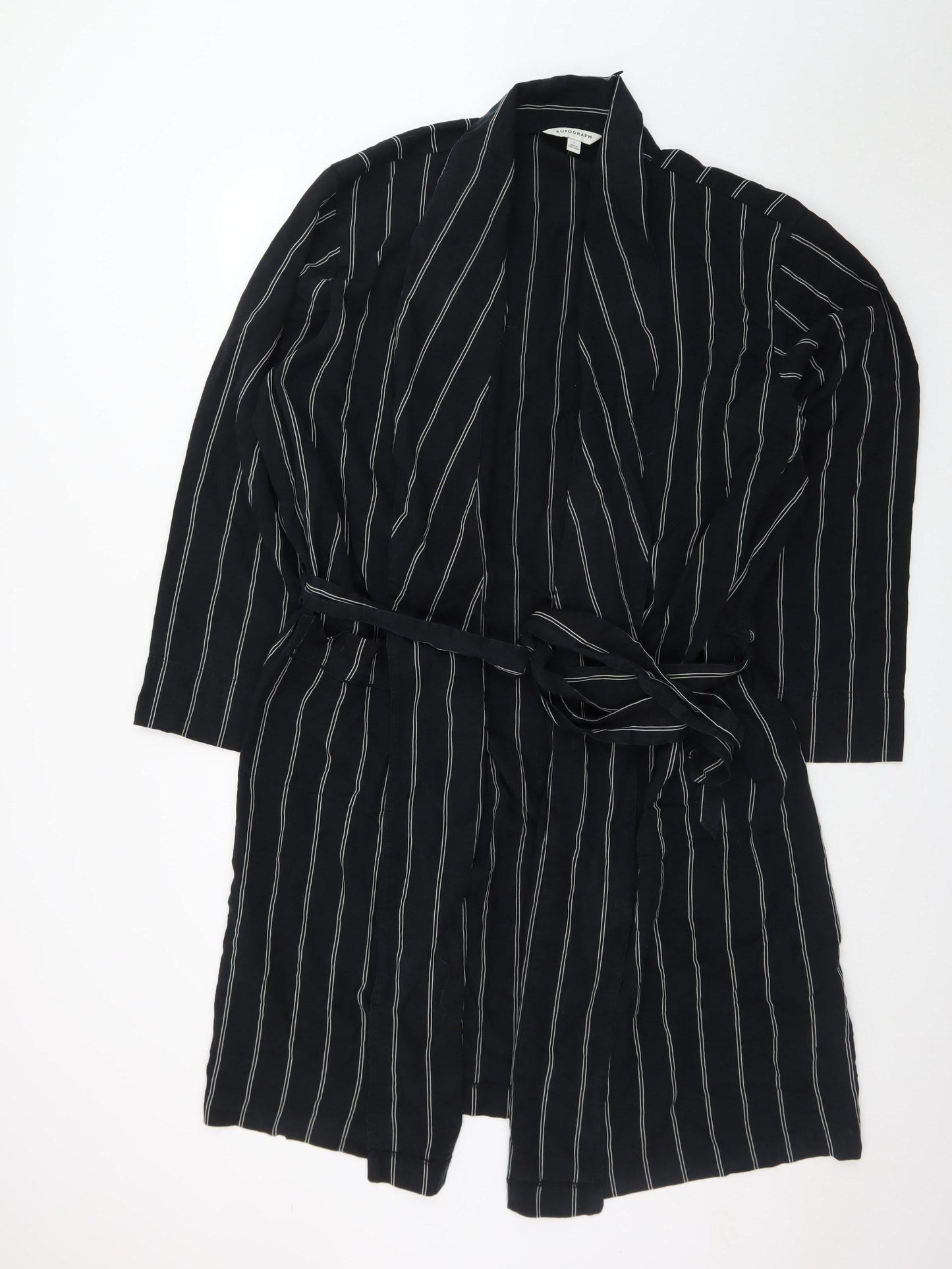 Marks and Spencer Autograph Men's Black Striped Robe L Lightweight Belted