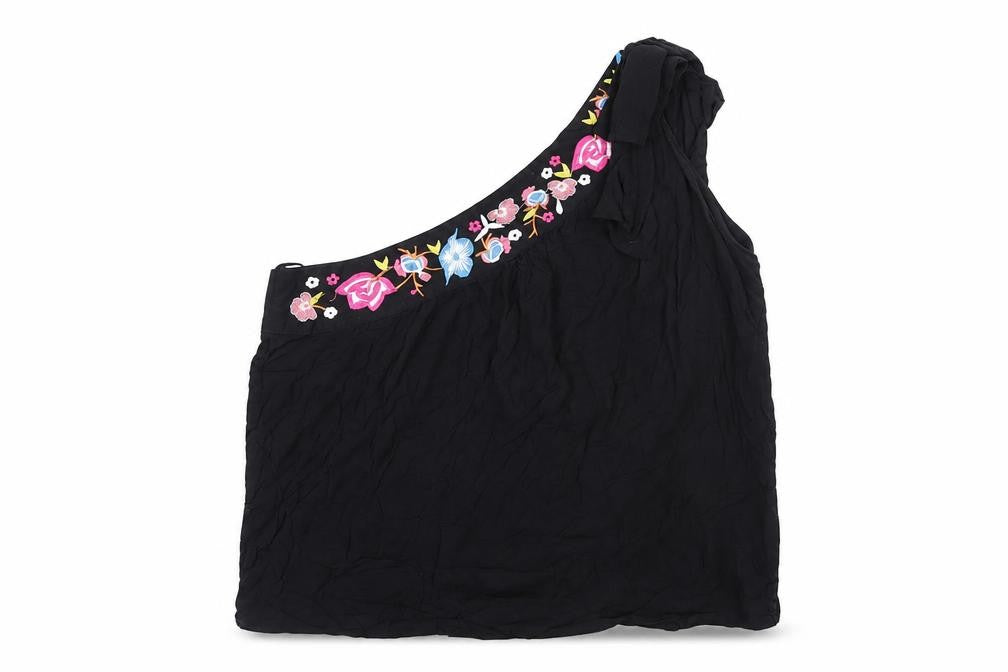 Rose & Thyme Women's Black One Shoulder Embroidered Chiffon Blouse Size M