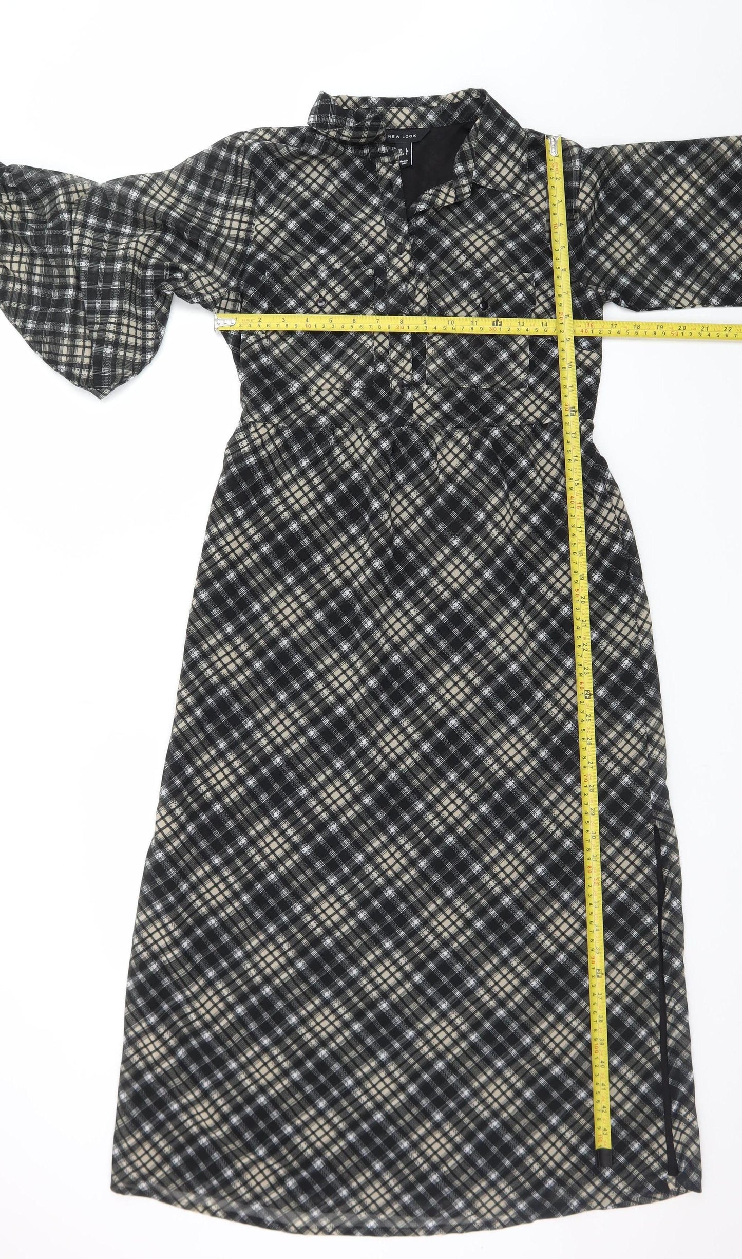 New Look Womens Black Check Collared Midi Shirt Dress Size 8
