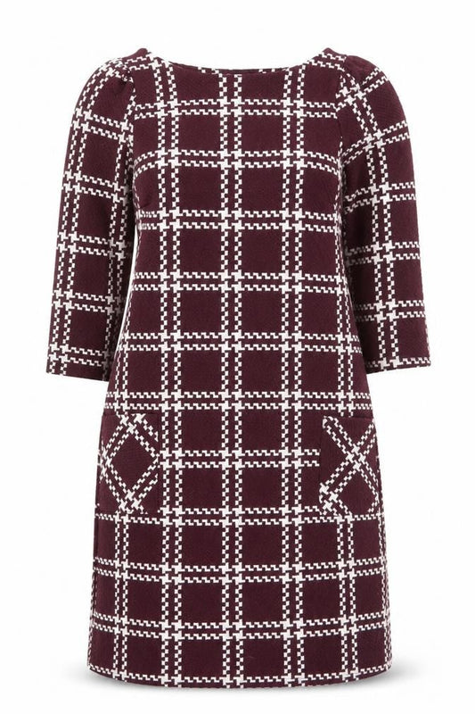 New Look Women Burgundy Check Shift Dress Size 6 3/4 Sleeve