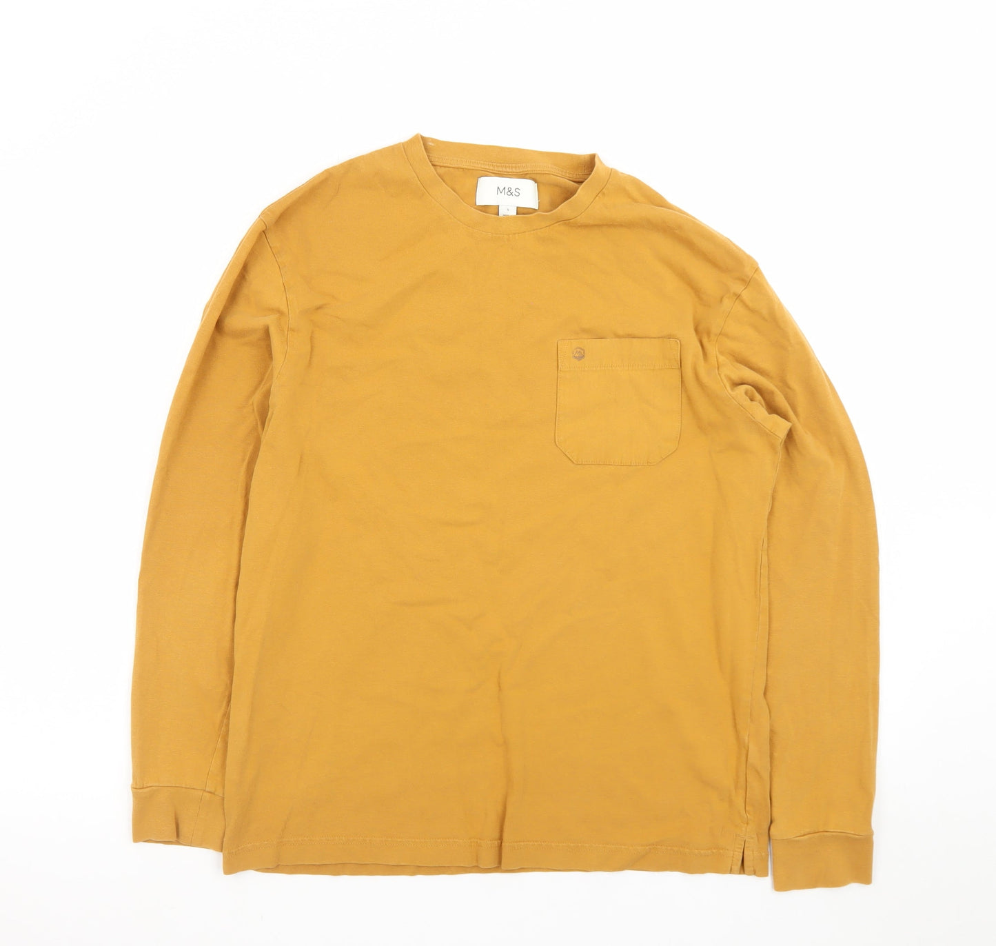 Marks and Spencer Men's Yellow Long Sleeve Cotton T-Shirt Size S