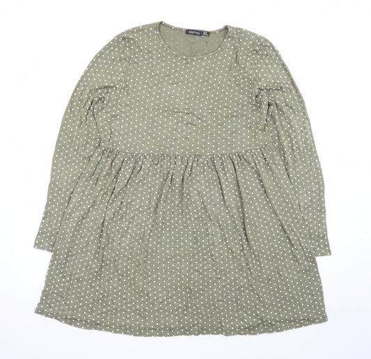 Boohoo Women's Green Polka Dot Long Sleeve Smocked Dress Size 10
