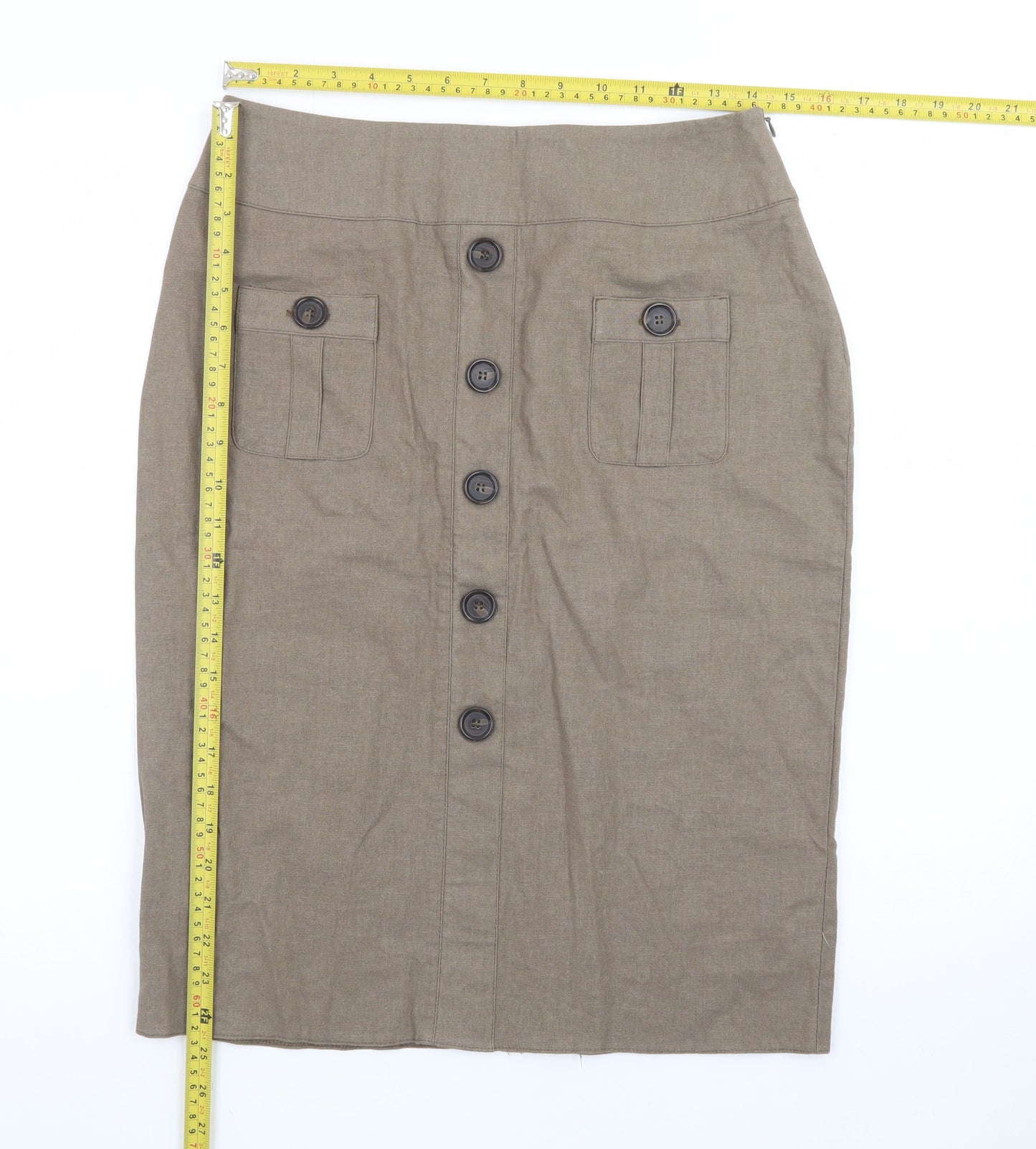 Rosetti Women Brown Linen Blend Button Front Pencil Skirt Size 10