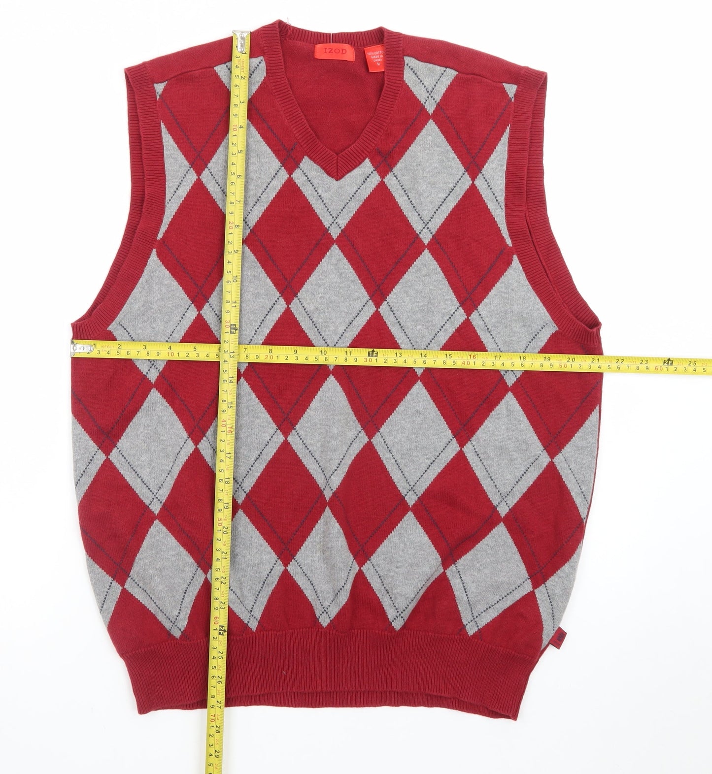 IZOD Men's Red Argyle Cotton Sleeveless V-Neck Golf Vest M