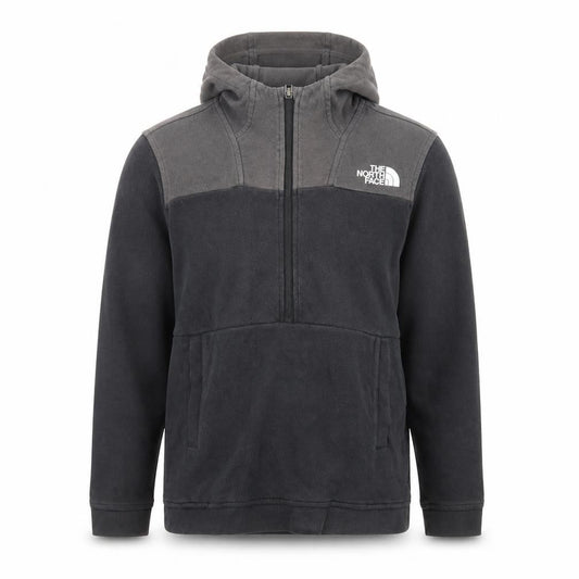 Front view of The North Face boys’ black fleece full zip hoodie, size L, outdoor warm