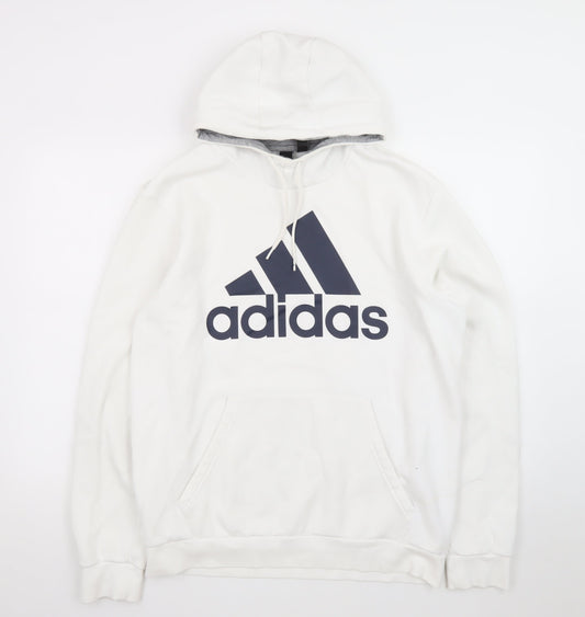 Adidas Mens White Pullover Hoodie L Logo Sports Fleece Sweatshirt
