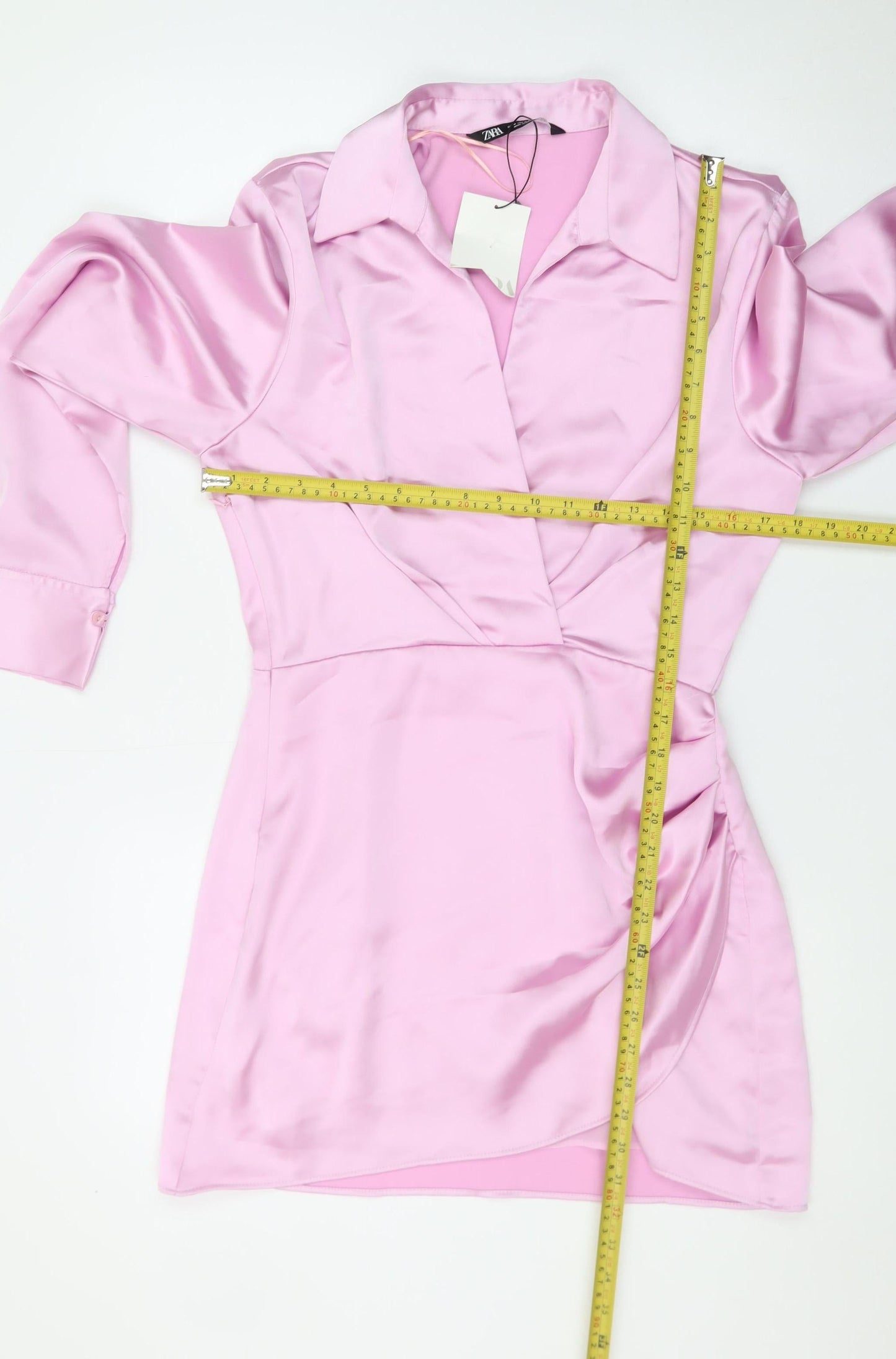 Zara Womens Pink Satin Wrap Mini Dress Size 12 Long Sleeve Party