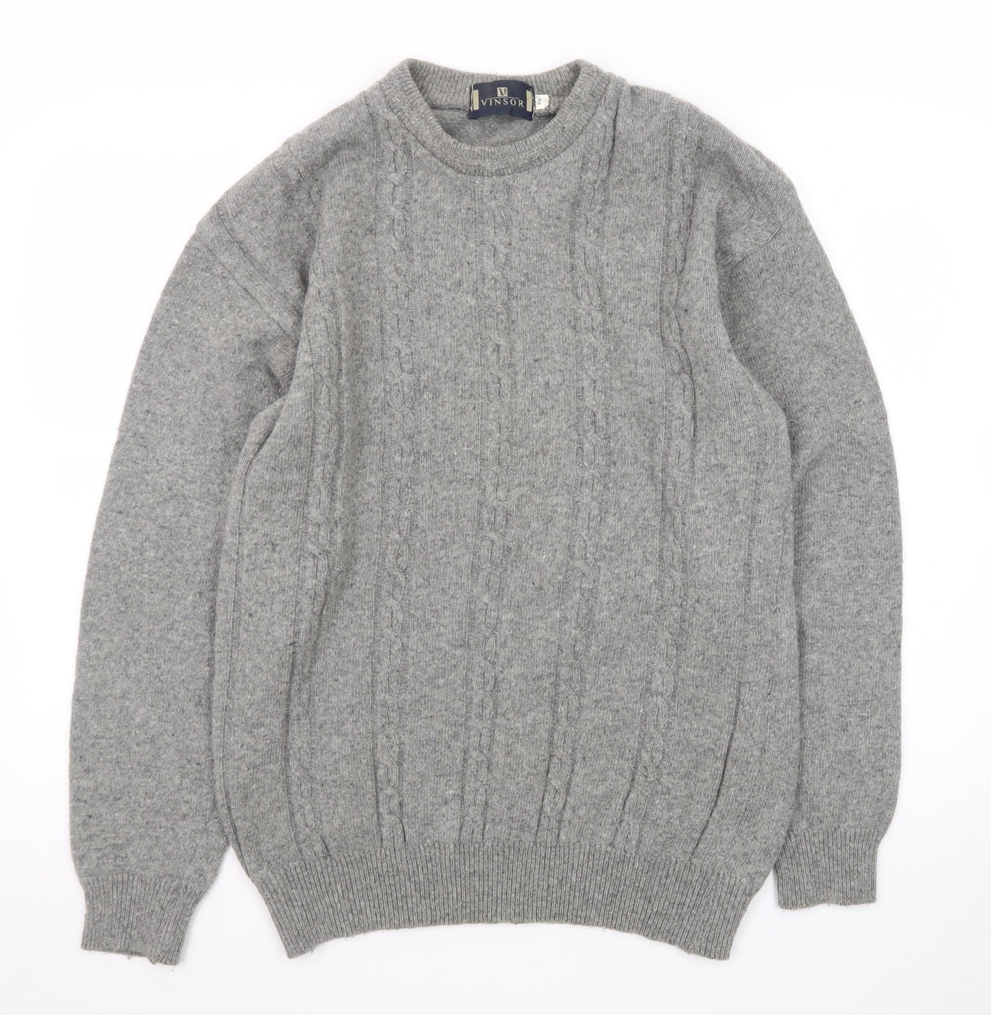 Vinsor Men's Grey Wool Cable Knit Crew Neck Jumper Size M