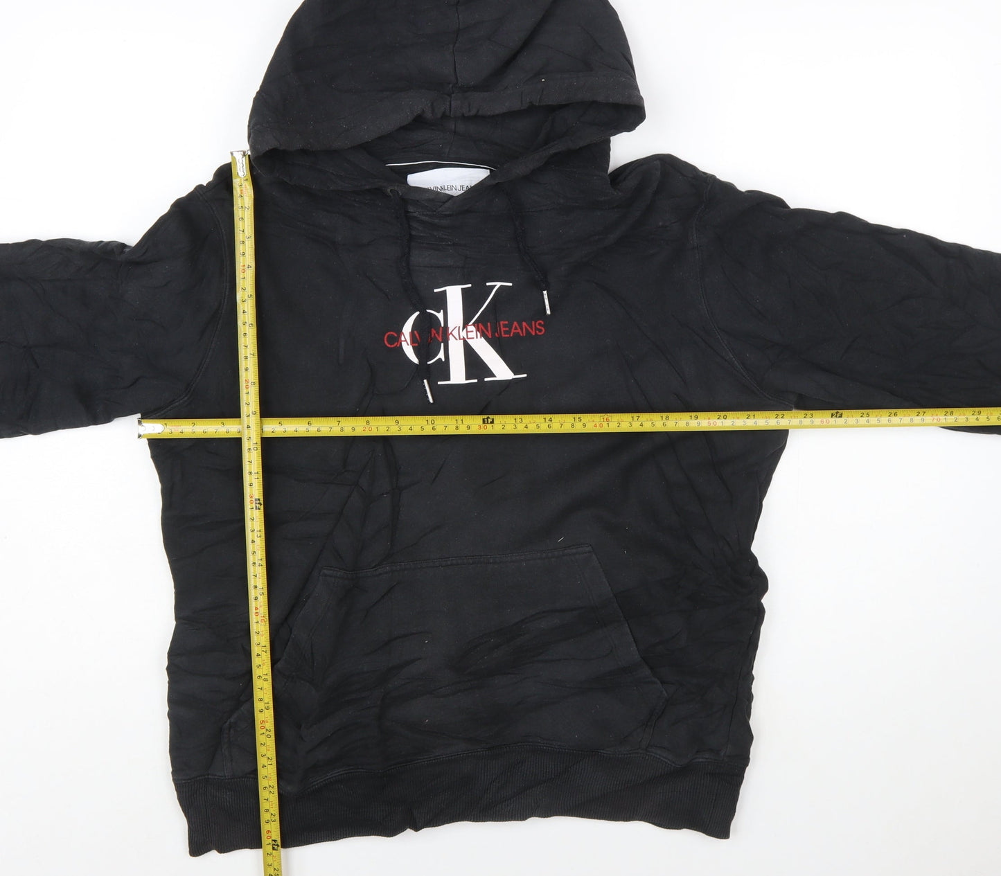 Calvin Klein Jeans Mens Black Pullover Hoodie L Logo Fleece