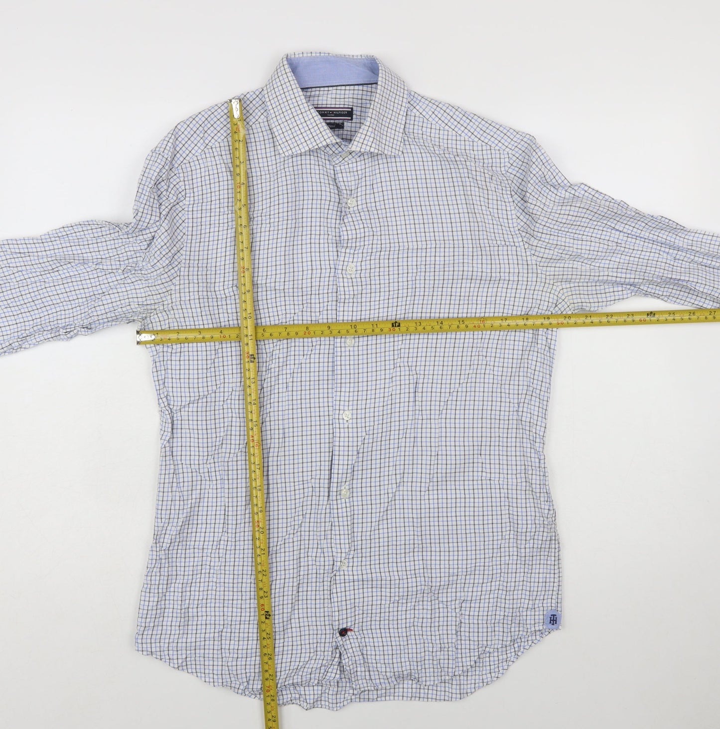 Tommy Hilfiger Men’s Blue Check Slim Fit Long Sleeve Cotton Shirt 15.75