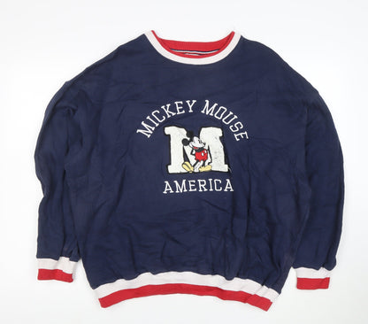 Front view of Disney Men's Blue Mickey Mouse America Sweatshirt S Crew Neck Pullover