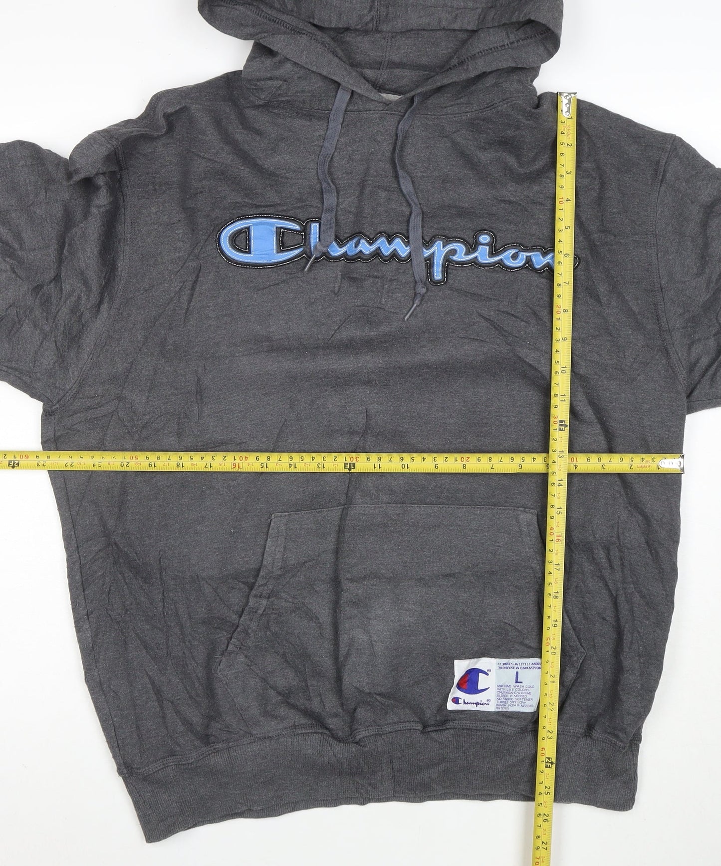 Champion Men's Grey Pullover Hoodie L Logo Embroidered Sportswear