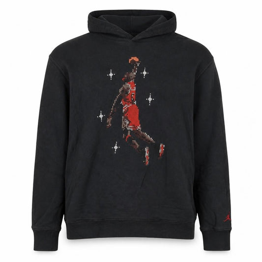 Front view of Jordan men’s black m pullover hoodie graphic print basketball style