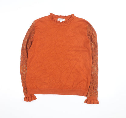 Additional front view of Wild Flower Women's Orange Lace Sleeve jumper, size M