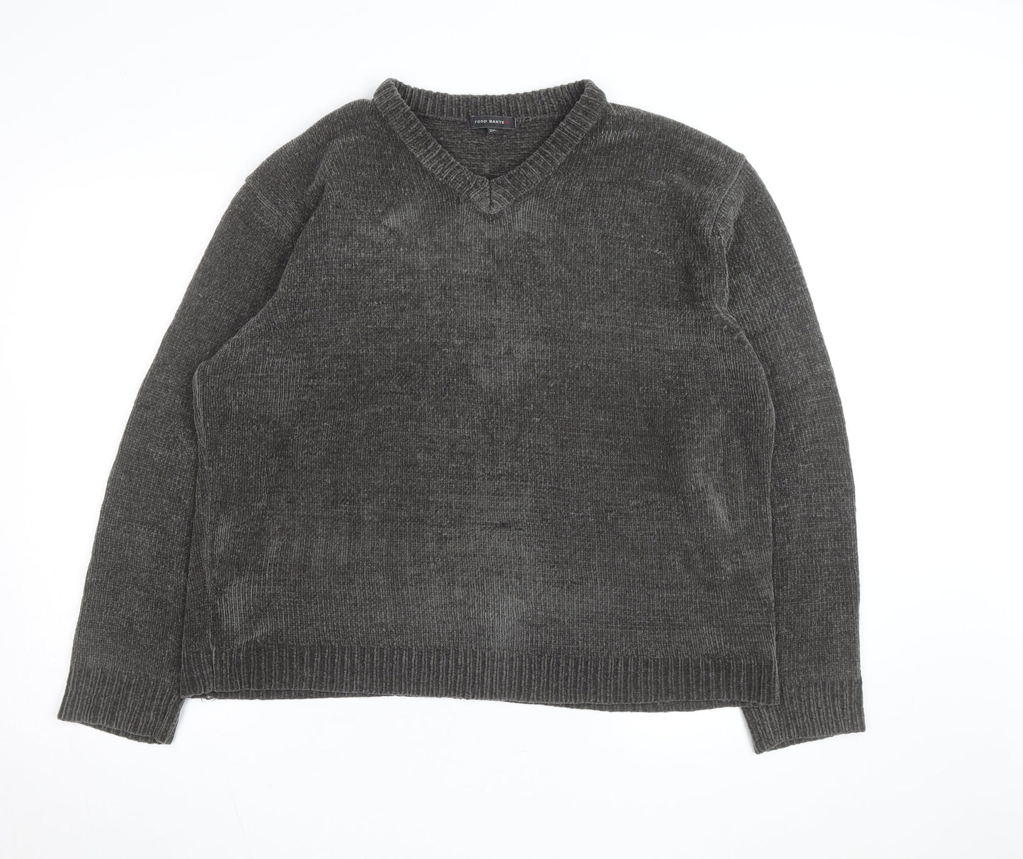 Todd Baxter Men's Grey 2XL V-Neck Chunky Knit Acrylic Jumper