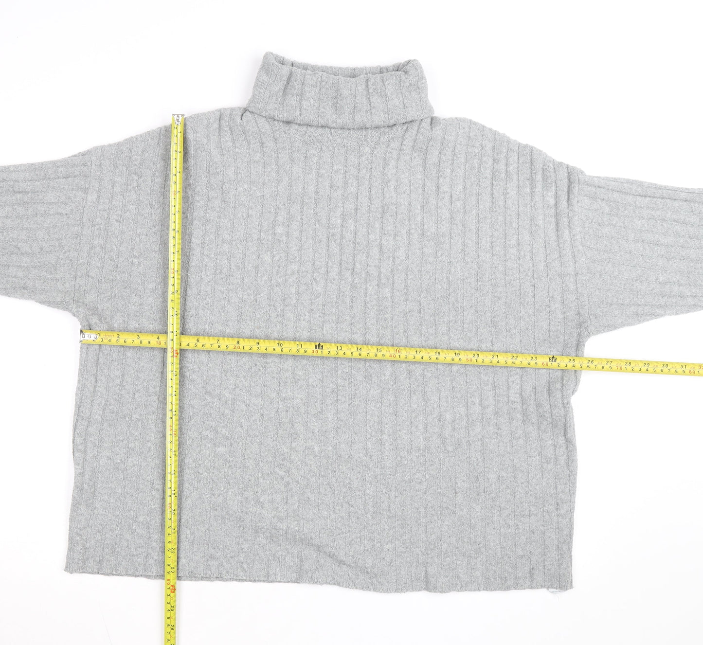 Bershka Women Grey Roll Neck Ribbed Knit Jumper Size L