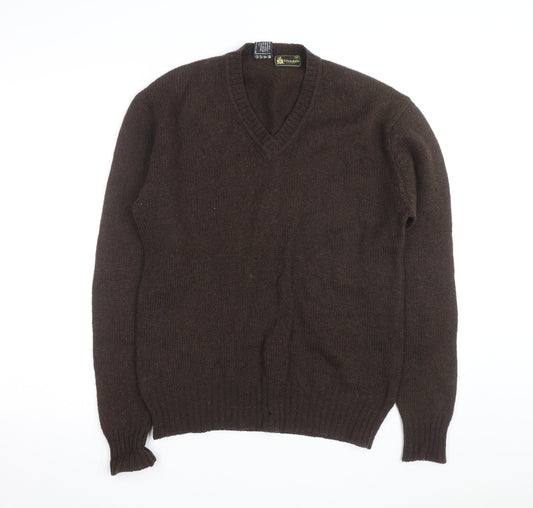 Grendale Mens Brown Wool V-Neck Jumper with Elbow Patches Size M
