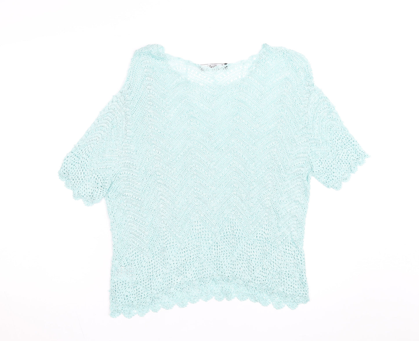 Jacques Vert Women's Blue Open-Knit Short Sleeve Pullover Jumper L