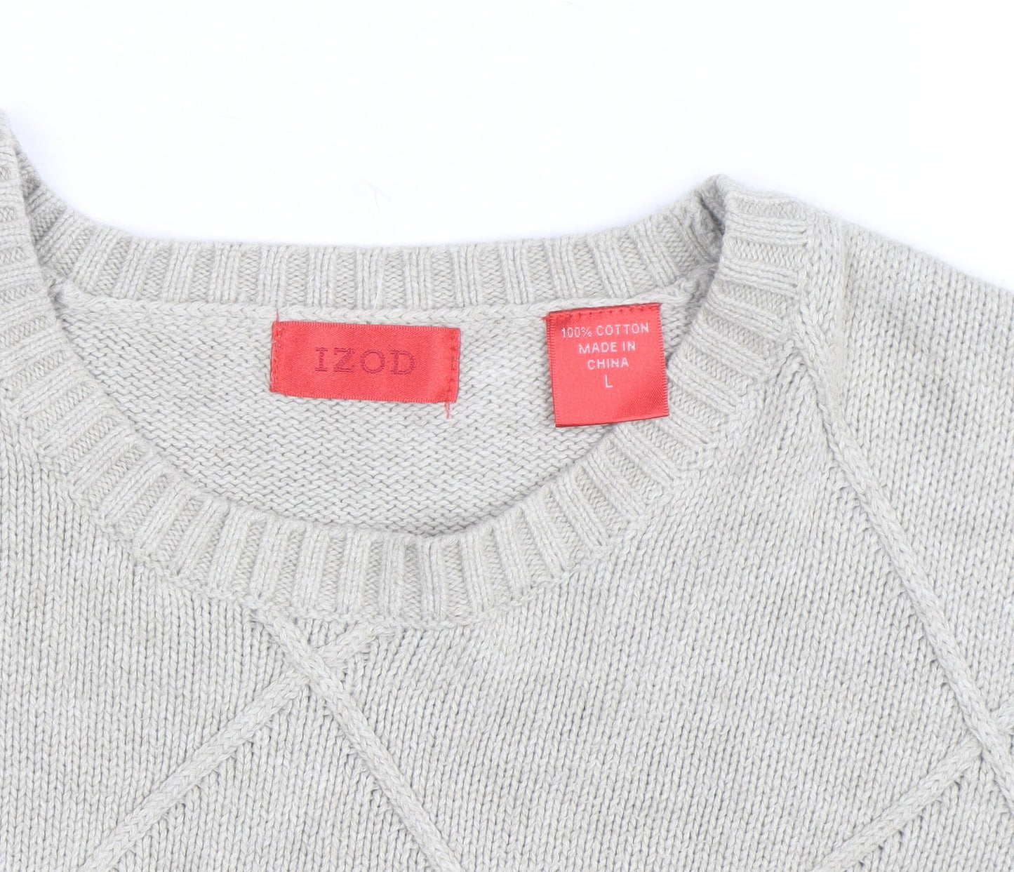 Izod Men's Beige Cotton Argyle Crew Neck Jumper Size L