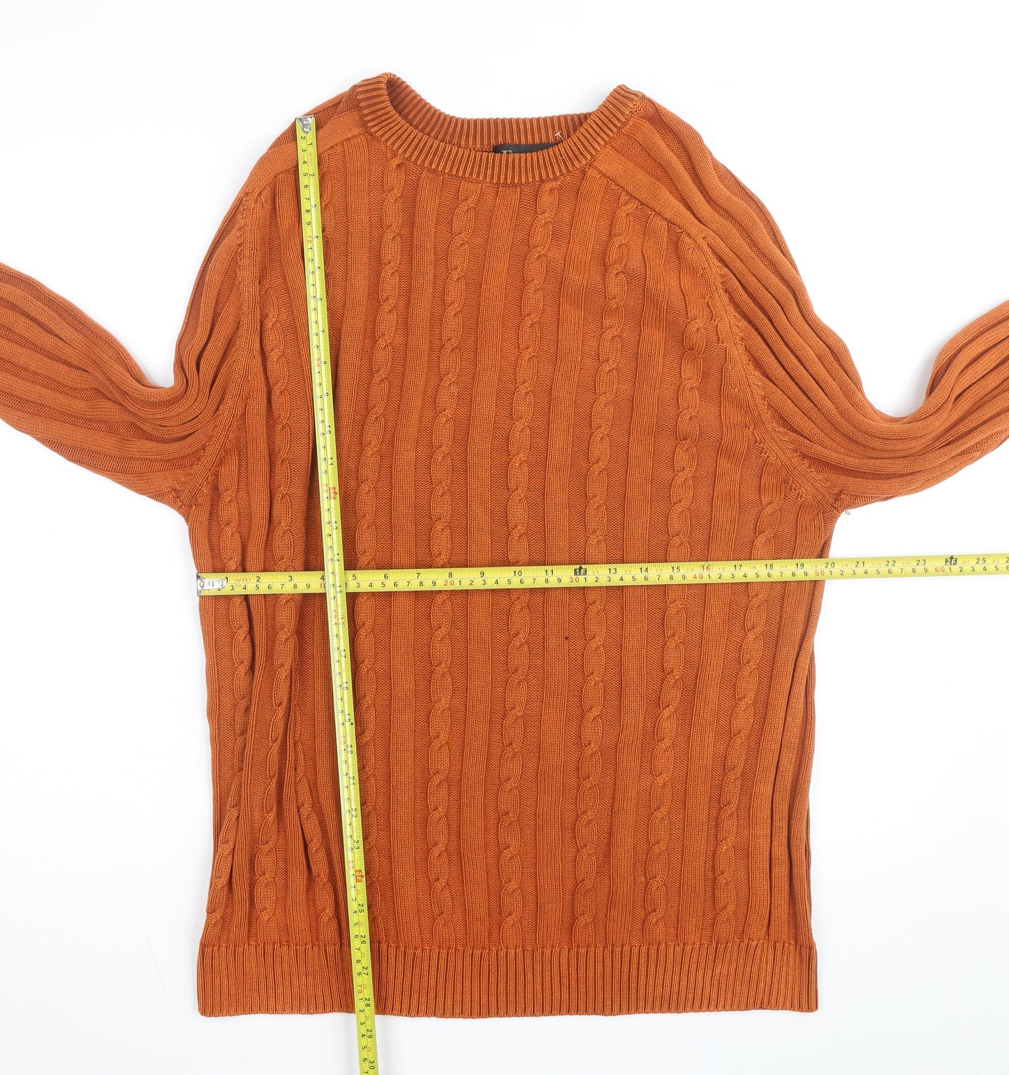Fusion Men's Orange Cotton Cable Knit Jumper Size L Crew Neck