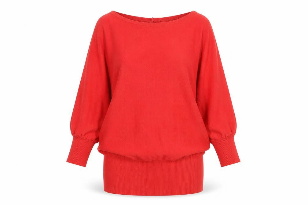 Feather & Bone Women's Red Boat Neck Batwing Cotton Jumper L