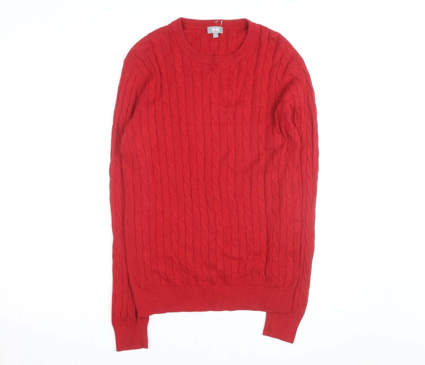 Uniqlo Men's Red Wool Cable-Knit Crew Neck Jumper Size M