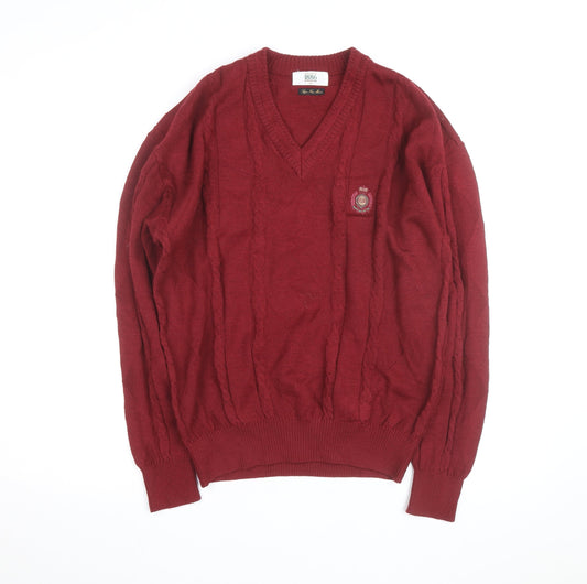 Alunsingwear Men Red Wool Cable-Knit V-Neck Jumper M